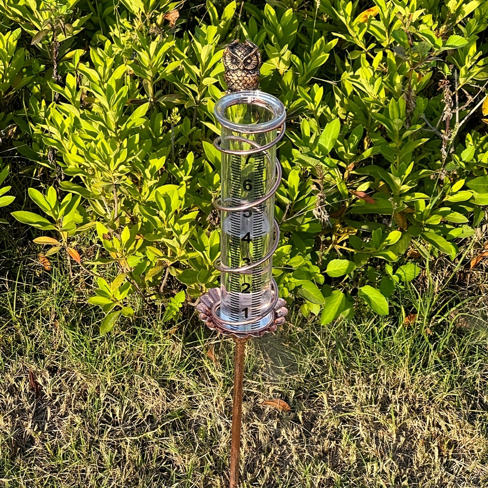 Rain Gauge | Owl Garden Art Metal Frame Outdoor Yard with Cleaning Brush