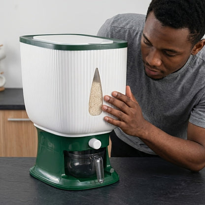 Rice Dispenser with Measuring Cup, 22LB Large Capacity 6-Chamber Sealed Grain Storage Container, Transparent Window, Moisture & Insect Resistant, One-Click Design for Rice Beans Flour Pet Food – Kitchen Cabinet Organizer