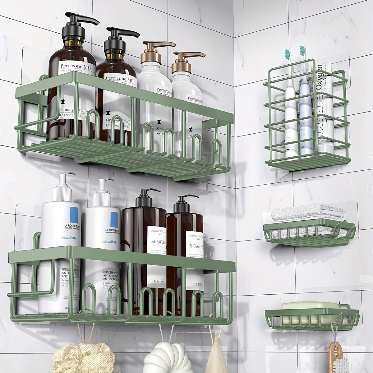 Five-Piece Shower Caddy Organizer Set with Soap Holder in Ten Exact Checkout Colors for Home and Everyday Use