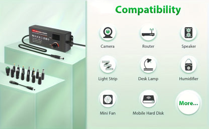 Adjustable 3–24V AC/DC Power Adapter with 72W Label, LCD Readout, Knob Control and Connector Set