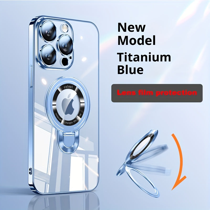 Magnetic U-Shield Stand iPhone Case for iPhone 17 Pro Max 16 16 Pro Max Electroplated PC Transparent Back Shockproof Full Coverage Protective Cover with Kickstand