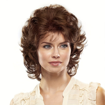 Short Curly Wig with Slanted Bangs 14 Inch Heat Resistant Synthetic Rose Net Cap Grey Mixed Dark Brown Light Brown for Women Daily Wear Halloween Festivals Cosplay