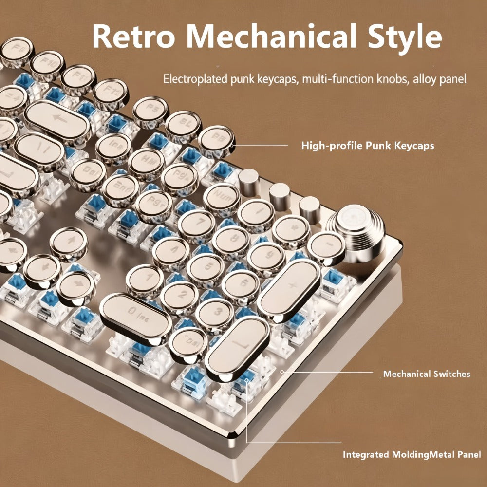 Steampunk Typewriter Mechanical Keyboard with Blue Switches – Retro Old-Fashioned USB Wired Gaming & Office Keyboard for Desktop Laptop PC Windows, Unique Aesthetic Gift for Gamers & Typists