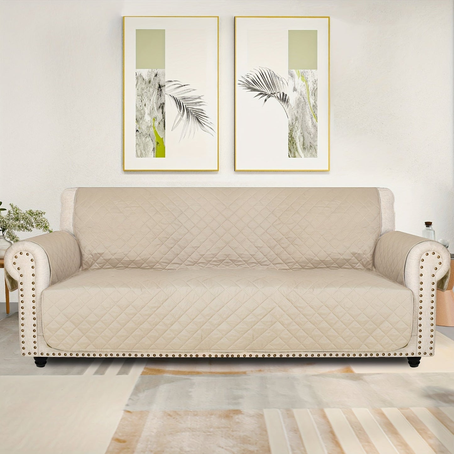 Sofa Cover Five-Layer Quilted Microfiber Protector with Elastic Strap and Foam Anchors for 3 or 4 Seats
