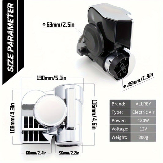 12V Air Horn Super Loud Train Sound for Car Truck Motorcycle Boat SUV Universal Fit Compressor Kit with Relay Harness & Horn Cover - Black & Silver