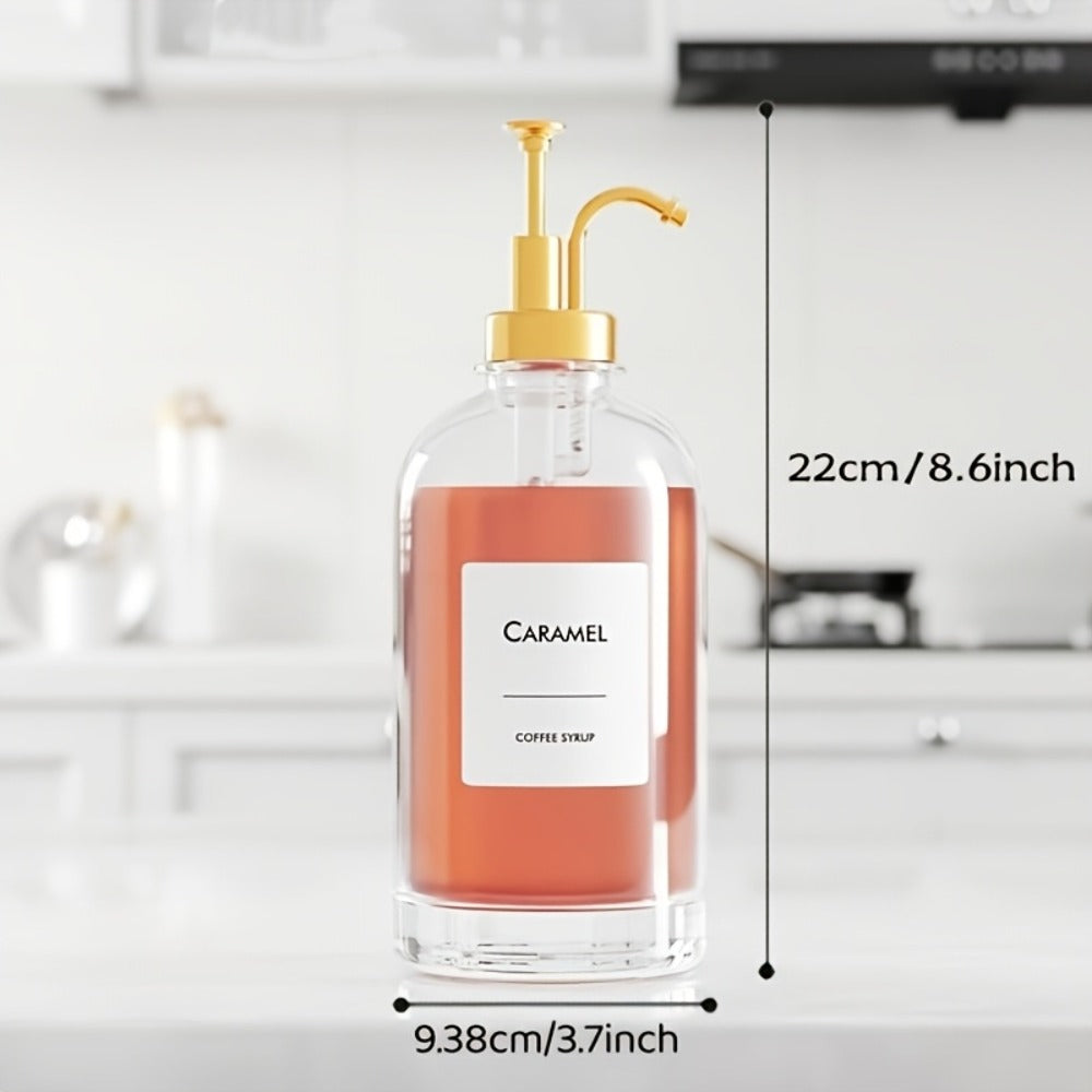 Four-Piece 16.9-Ounce Glass Coffee Syrup Dispenser Set in Gold, Silver or Black Pump Options