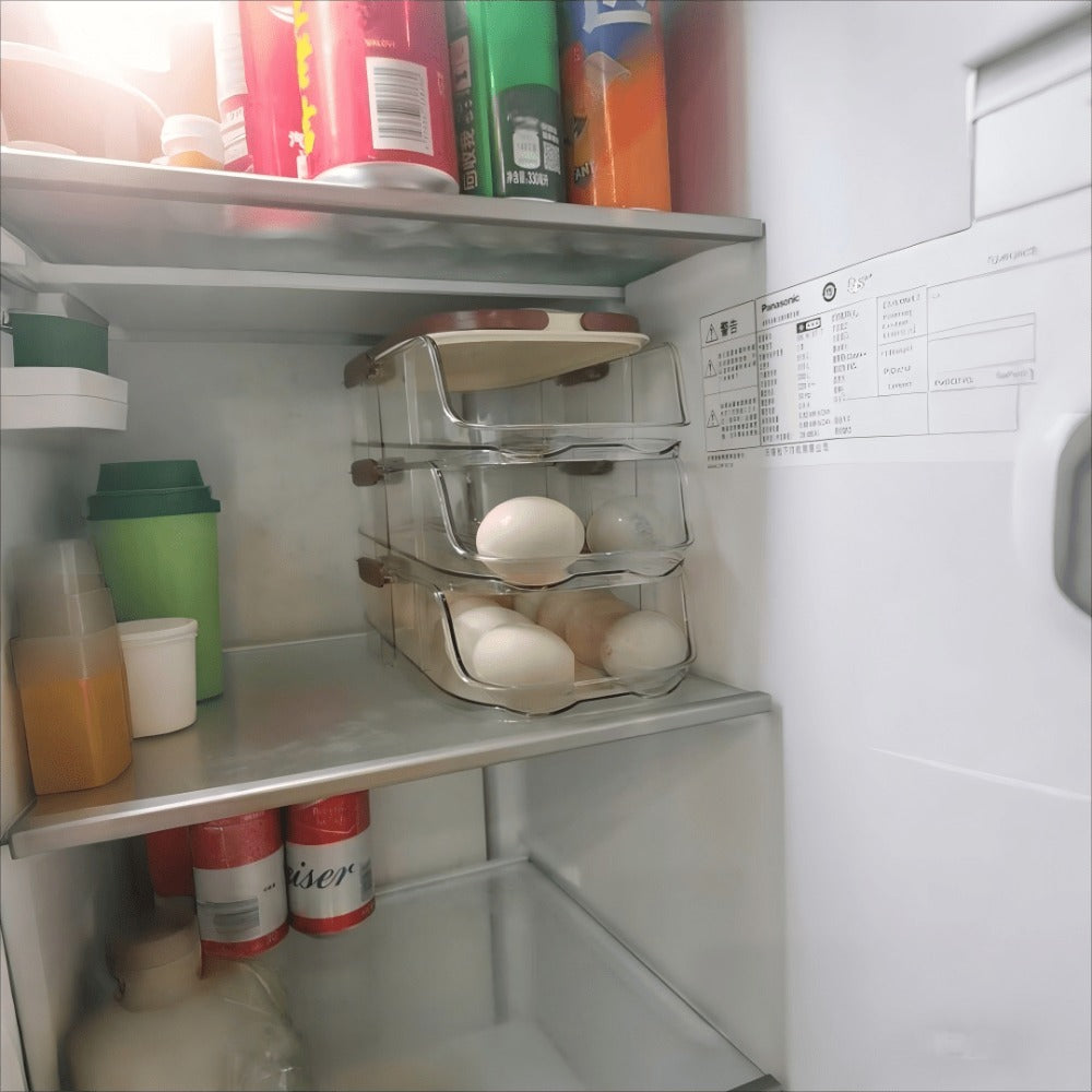 Egg Rack Kitchen Organizer Double-Row Auto-Rolling Dispenser with One, Two or Three Layer Options