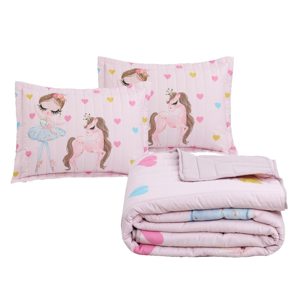 Pink Pony and Princess Print Three-Piece Bedspread Set with 67 x 90-Inch Cover and Two 20 x 28-Inch Shams