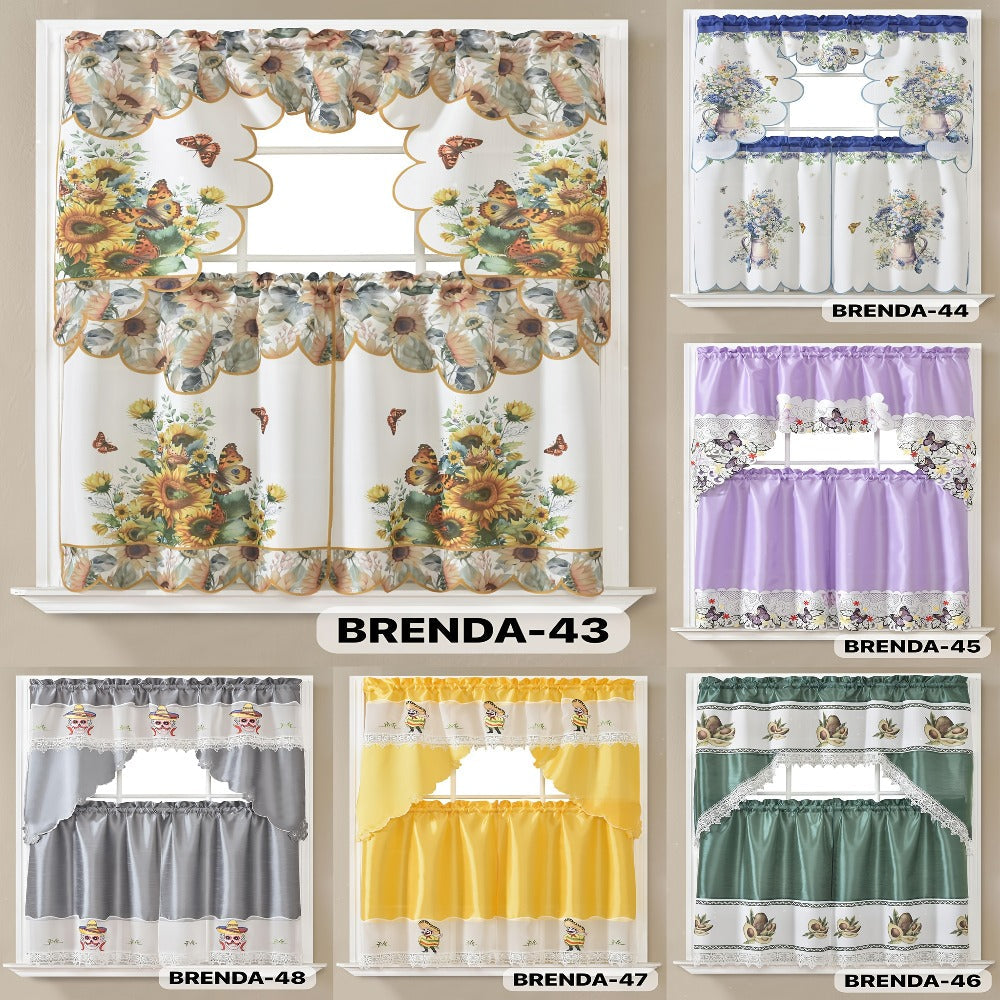Three-Piece Patterned Kitchen Curtain Set with One Valance, Two Tiers and Forty-Six Exact Design Options