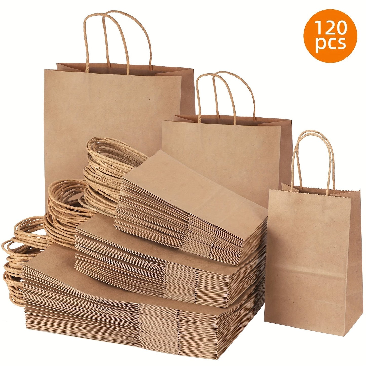 Kraft Paper Gift Bags with Handles in 75, 90, 120 or 210-Piece Mixed-Size Checkout Options