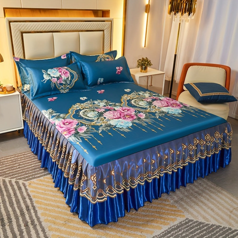Ruffled Floral Bedspread Mat Set with Two Pillowcases, Twin to King Sizes and Four Pattern Choices