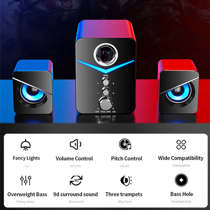 3-Piece Desktop Speaker System with Subwoofer | USB Powered PC Speakers, 3.5mm Audio Jack, Independent Bass & Treble Control, Blue LED Light – Stereo Sound for PC, Laptop, Mac & Home Office