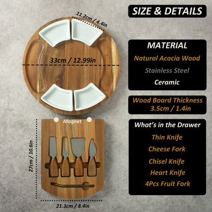 Round 13-Inch Wood-Look Charcuterie Board Set with Four White Bowls, Utensil Drawer and Serving Tools