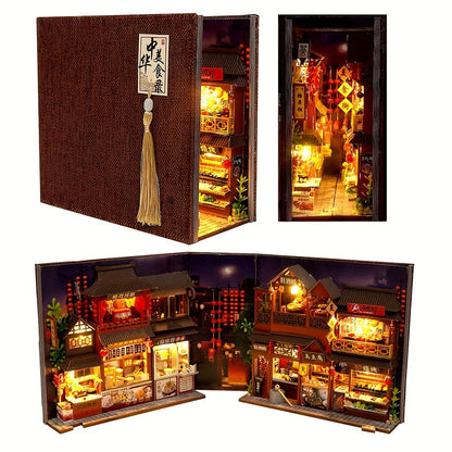 Chinese Food Street Book Nook Kit with LED-Lit Miniature Shops, Sliding Dust Cover and Wooden Shelf Insert