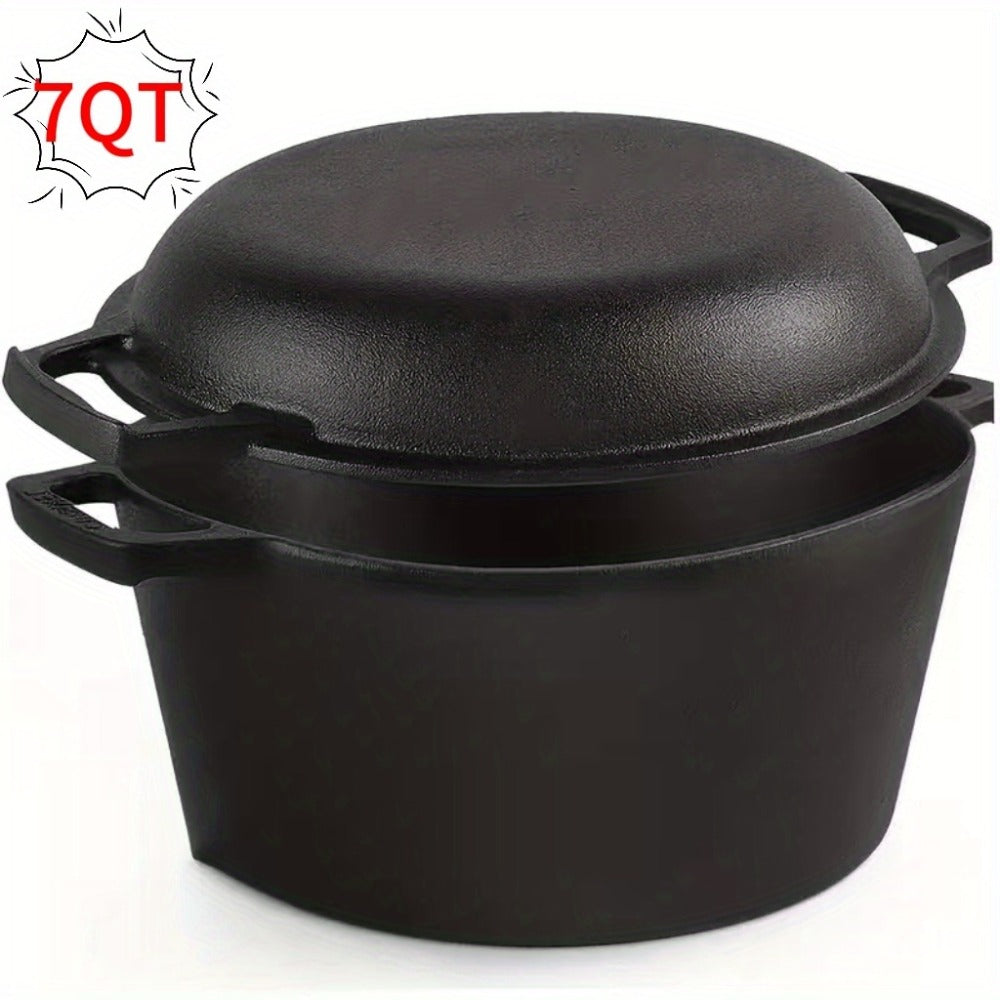 Cast Iron Dutch Oven Set 5.1QT & 7QT with Skillet Lid – Pre-Seasoned 2-in-1 Cookware for Stovetop, Induction, Oven, Campfire & BBQ, Sourdough Bread Baking, Frying, Camping