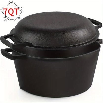 Cast Iron Dutch Oven Set 5.1QT & 7QT with Skillet Lid – Pre-Seasoned 2-in-1 Cookware for Stovetop, Induction, Oven, Campfire & BBQ, Sourdough Bread Baking, Frying, Camping