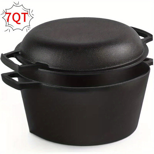Cast Iron Dutch Oven Set 5.1QT & 7QT with Skillet Lid – Pre-Seasoned 2-in-1 Cookware for Stovetop, Induction, Oven, Campfire & BBQ, Sourdough Bread Baking, Frying, Camping