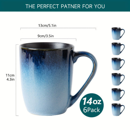 Six-Piece Blue Gradient Coffee Mug Set with Straight Handles and 14-Ounce Capacity Label Pictured