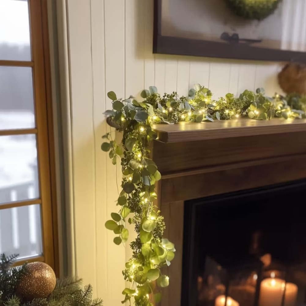 String Lights, Four-Piece Eucalyptus Leaf Wreath Set with 20 Warm LEDs per Strand and Battery Power