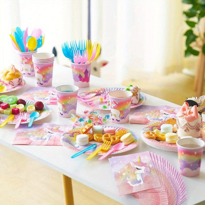 Unicorn Tableware Party Supplies Set with 145 Pieces for 24 Settings, Cups, Cutlery and Banner