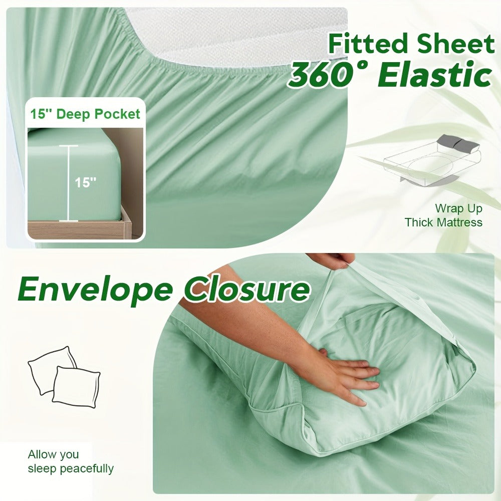 Bamboo Blend Bed Sheet Set 6pcs – Flat Sheet, Fitted Sheet & 4 Pillowcases, Ultra Soft Lyocell Viscose Breathable Bedding for Hot Sleepers, Deep Pocket Twin Full Queen King, 11 Colors
