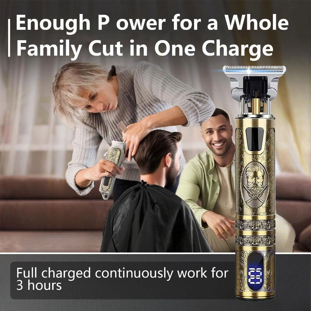 Hair Clippers & Trimmers Vintage Gold T-Blade Model with LCD Display, USB Charging and Three Etched Designs