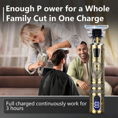 Hair Clippers & Trimmers Vintage Gold T-Blade Model with LCD Display, USB Charging and Three Etched Designs