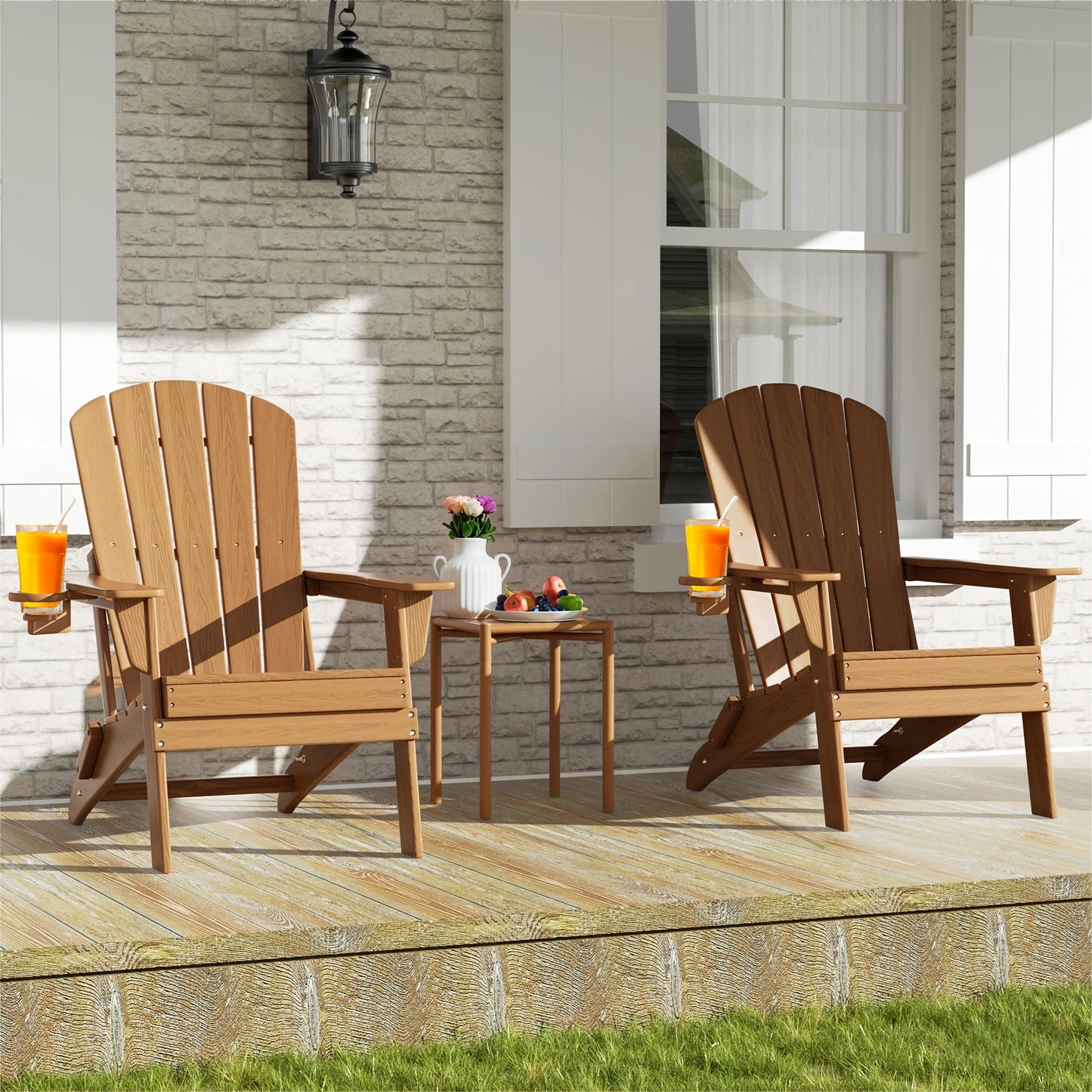 Folding HDPE Adirondack Outdoor Chair with Cup Holder in Four Colors and One-, Two- or Four-Piece Sets