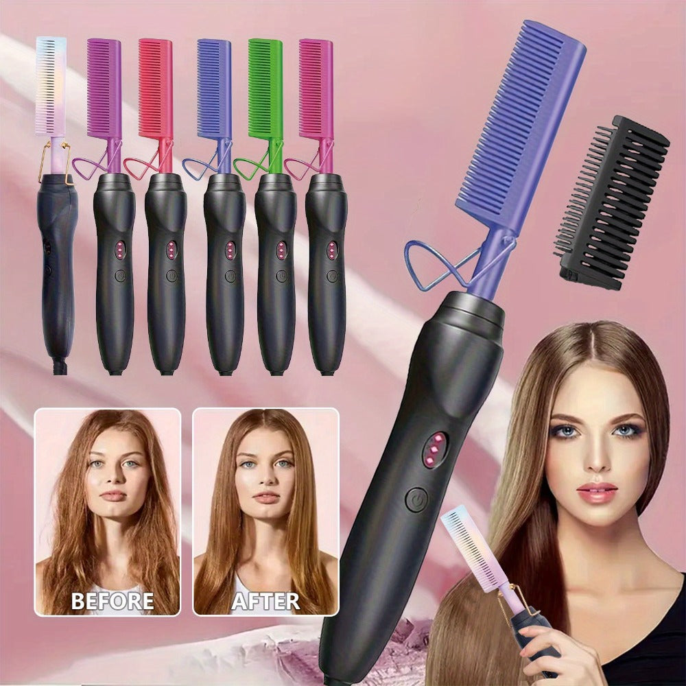 Electric Hot Comb Hair Straightener – 3-in-1 Ceramic Pressing Comb for Natural Hair, Beard & Wigs, Curling & Straightening Iron with Protective Holder, Bonus 2 Clips & 1 Comb, Gift Ready