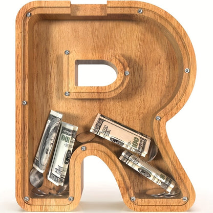 Wooden Alphabet Letter Coin Bank with Clear Front Panel and 23 Fixed Initial Options for Display