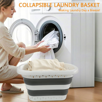 16-Gallon Collapsible Plastic Laundry Basket in Gray and White with Folding Walls and Carry Handles
