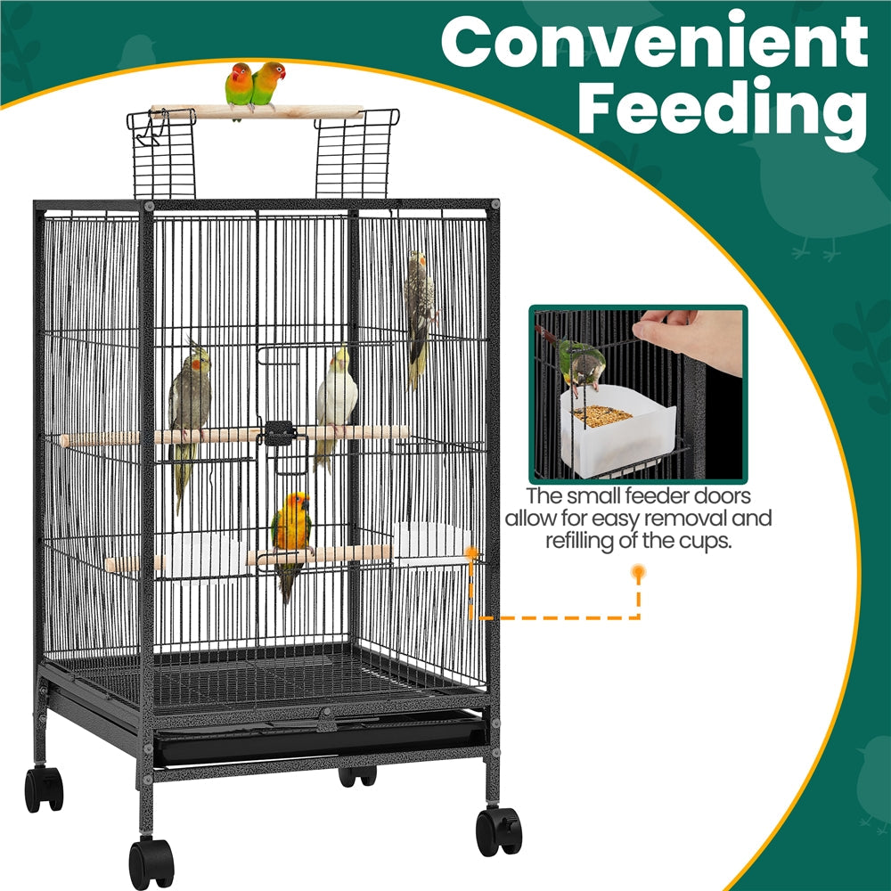 Bird Cage with Rolling Stand Open Top 31 Inch Wrought Iron Black - Slide Out Tray Feeder Doors 2 Feeders 3 Perches for Budgies Parakeets Cockatiels Canaries Finches Small Bird Home Cage