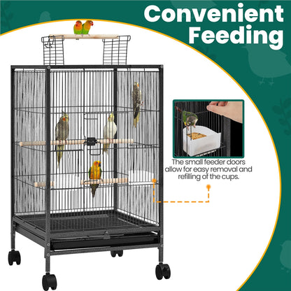 Bird Cage with Rolling Stand Open Top 31 Inch Wrought Iron Black - Slide Out Tray Feeder Doors 2 Feeders 3 Perches for Budgies Parakeets Cockatiels Canaries Finches Small Bird Home Cage