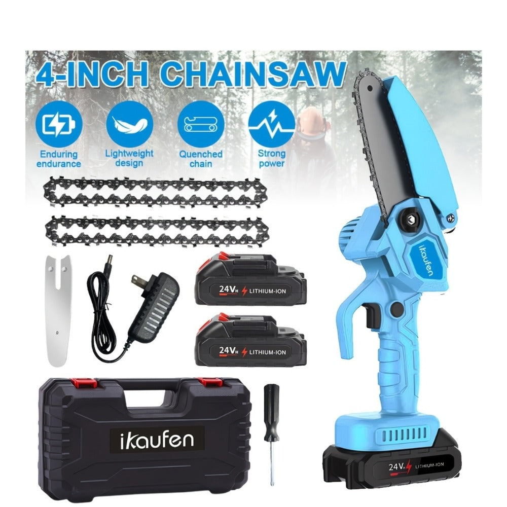 4-Inch Mini Cordless Chainsaw Kit in Yellow, Black or Blue with Two Batteries, Three Chains and Carry Case