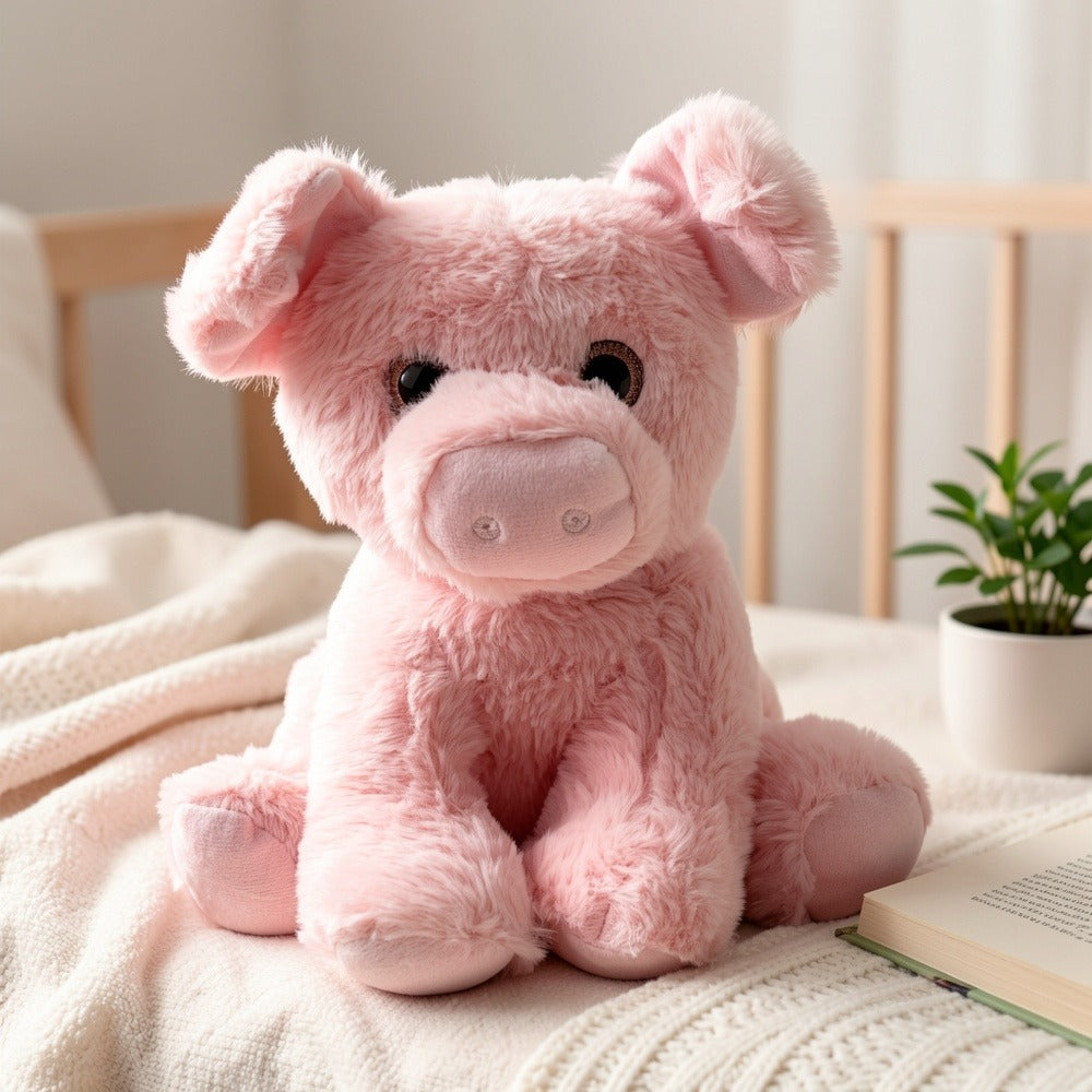 Stuffed Animal Pink Pig with Big Eyes, Curled Tail and Pillow-Style Body for Nursery or Sofa Decor