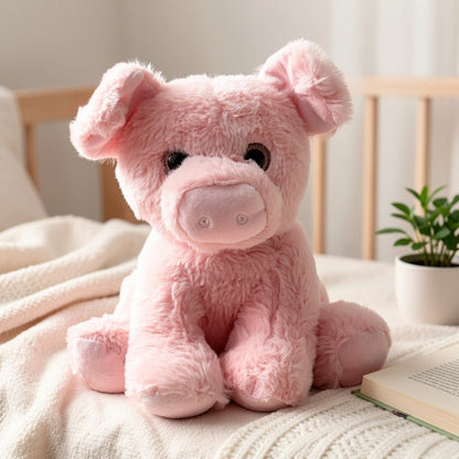 Stuffed Animal Pink Pig with Big Eyes, Curled Tail and Pillow-Style Body for Nursery or Sofa Decor