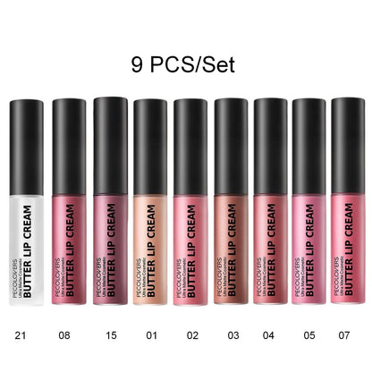 Lip Gloss Set by PECOLORS with 9 Nude and Pink Creamy Lip Colors, Tube Applicators and Display Box