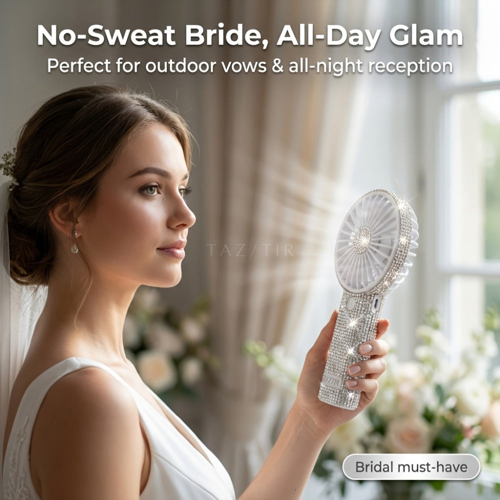 Elegant Silvery Rhinestone Mini Handheld Fan with Type-C Charging, Round Grille and Decorated Handle
