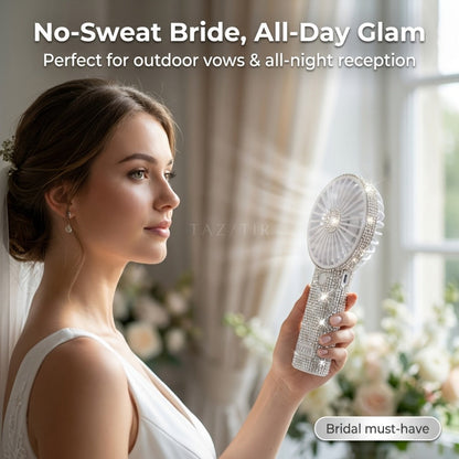 Elegant Silvery Rhinestone Mini Handheld Fan with Type-C Charging, Round Grille and Decorated Handle