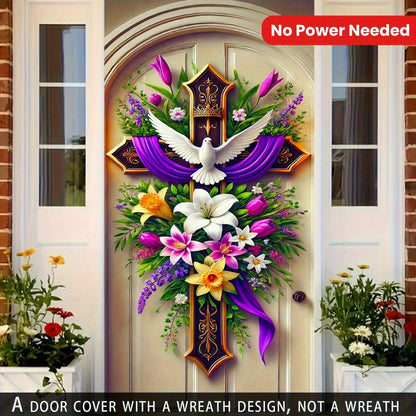 Easter Door Curtain Decoration with Dove, Floral and Cross Pattern, 35.4 x 70.8 Inches for Home or Party Display