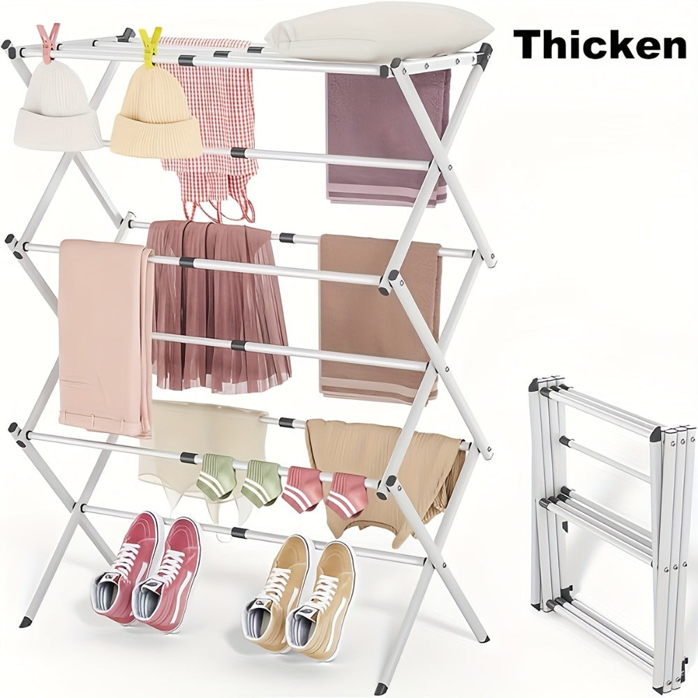 Three-Tier X-Frame Clothes Drying Rack with Collapsible Metal Bars and Gray, White or Top-Rack Configurations