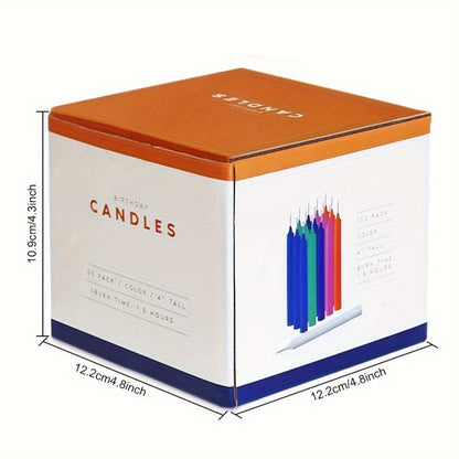 Assorted Color Soy Wax Taper Candle Set with 100 Compact 4-Inch Candles in Straight Form and Boxed Package