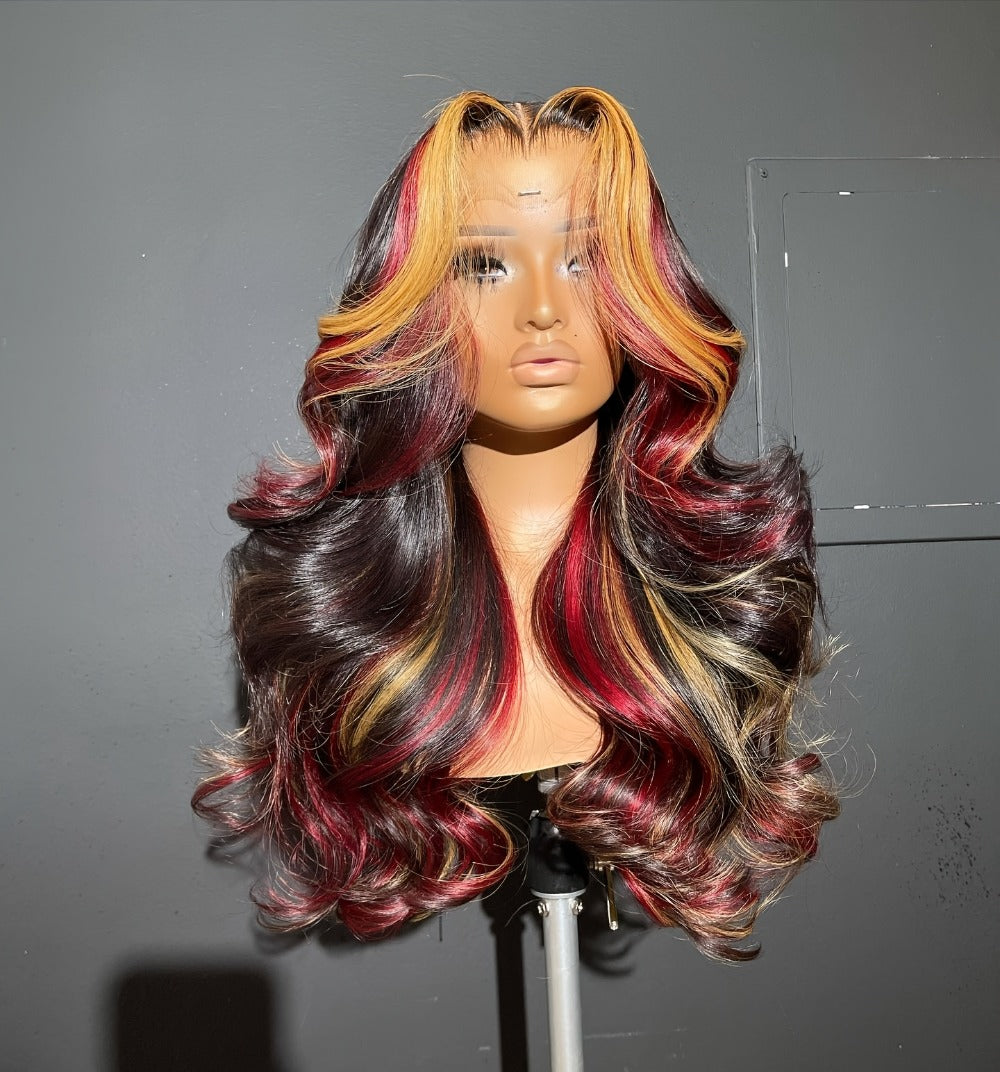 Lace Front Wig 28in Body Wave Highlight Style with 13x4 HD Lace, 180% Density, Combs and Strap