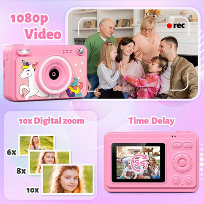Kids Instant Print Camera with Cartoon Unicorn or Dinosaur Design, Paper Rolls, Color Pens and Four Color Options