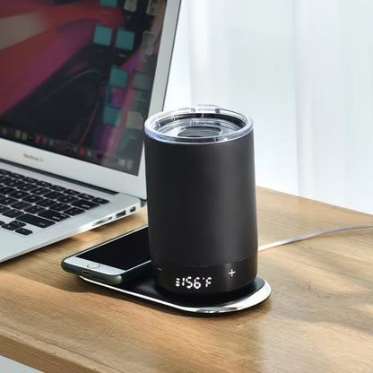 Black Powered Coffee Mug with Handle, Clear Lid, Bottom Display and USB-C Charging, 12-Ounce Label