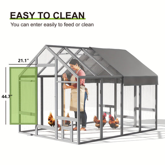 Walk-In Chicken Coop 96" Extra Large with Movable Fence | Outdoor Wooden Poultry Cage with Weatherproof Cover, Nesting Box & Walk-In Run for Farm, Yard – Gray