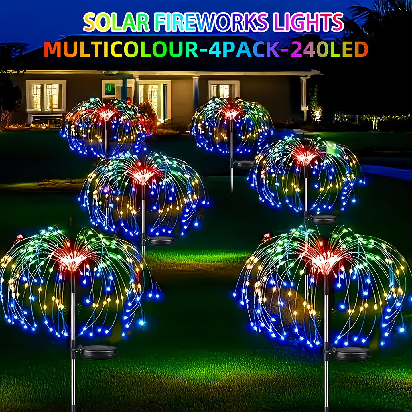 Solar Garden Lights Firework Stakes with 240-640 LEDs, 8 Modes, 4/8 Packs and Three Light Colors