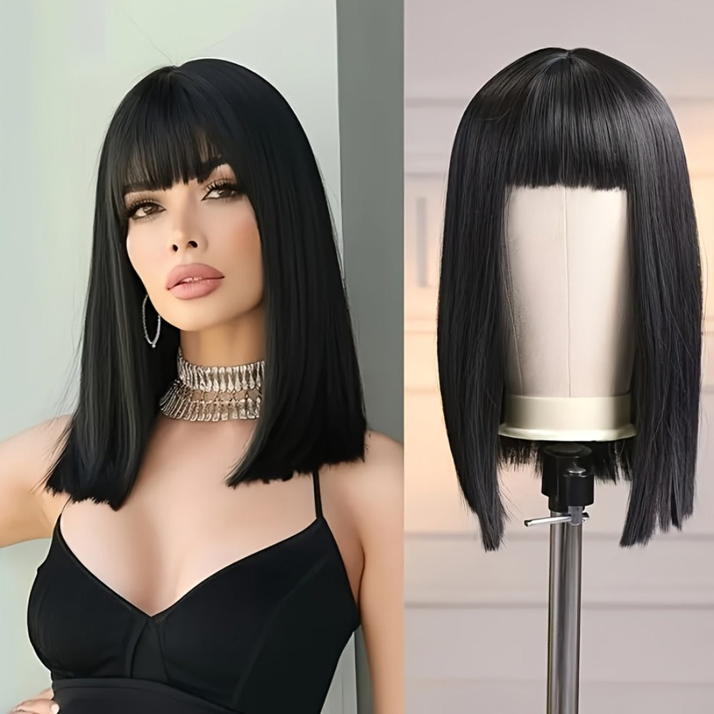 Straight Bob Wig with Bangs Heat Resistant Synthetic Hair 180% Density Blunt Cut Black Rose Net Cap Women Business Office Party Daily Wear 16 Inch