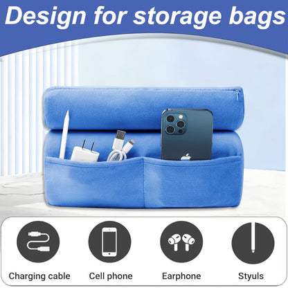Soft Foldable Tablet Pillow Stand in Black or Blue with Three Viewing Faces, Storage Pockets and 242 × 186 × 290 mm Label