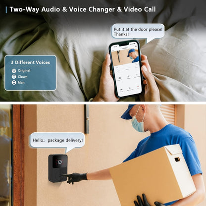 Voice Change Doorbell Camera Wireless HD 960P – Night Vision, Two-Way Audio, Motion Alert Push Notification, 2.4GHz WiFi, Rechargeable Battery, Remote Mobile View, Single or 2-Pack, Black White